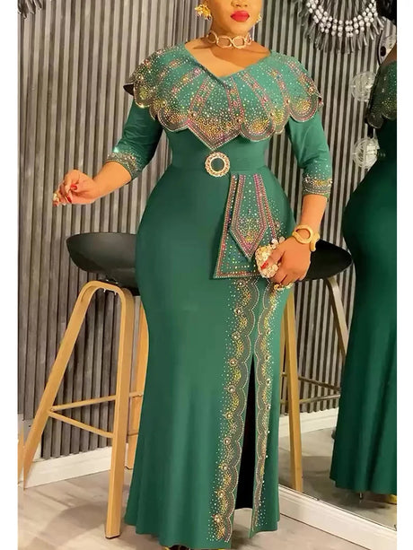 Elegant Plus Size Dashiki Diamond Bodycon Slit Party Dress Provain Shop