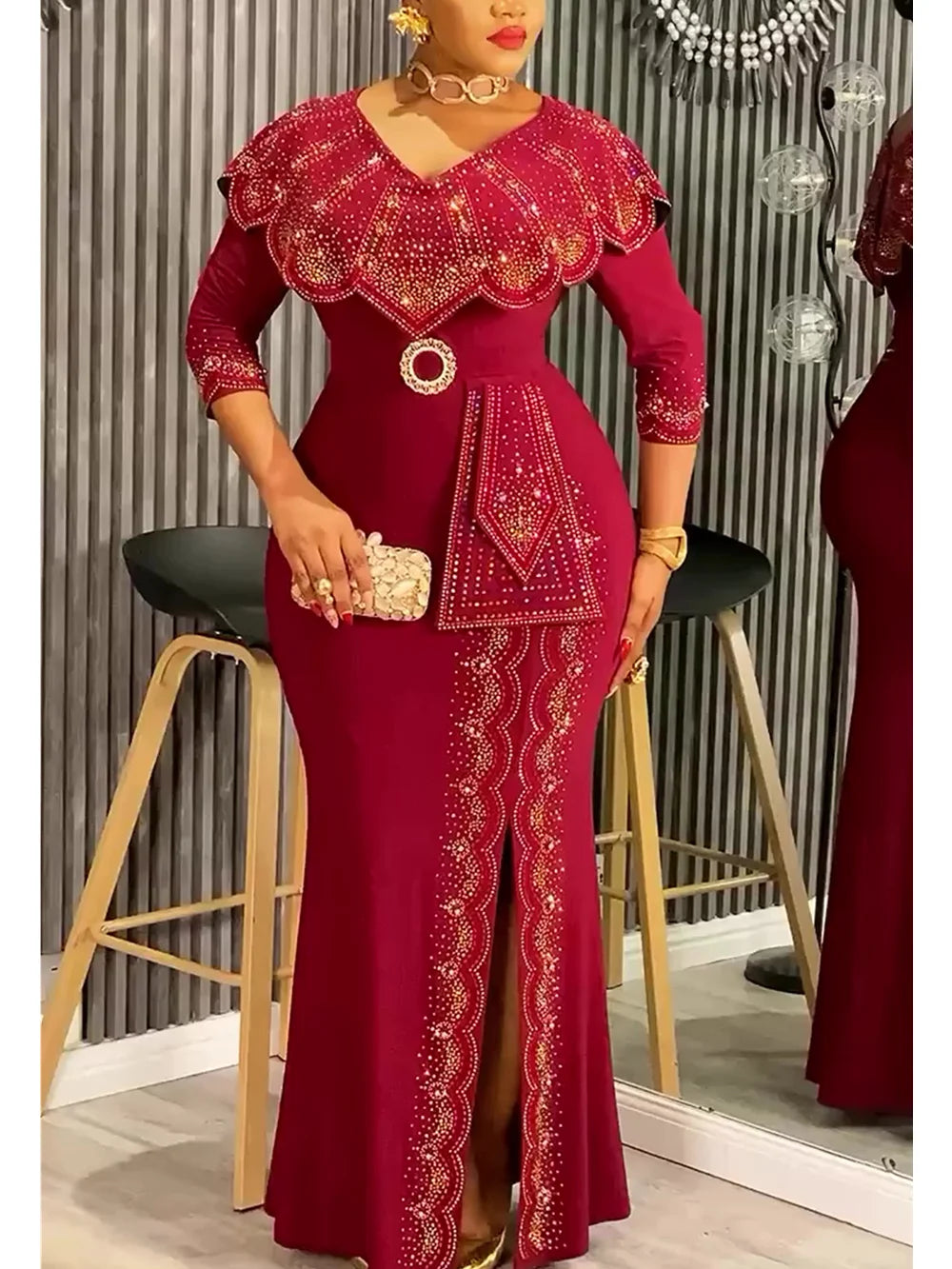 Elegant Plus Size Dashiki Diamond Bodycon Slit Party Dress Provain Shop