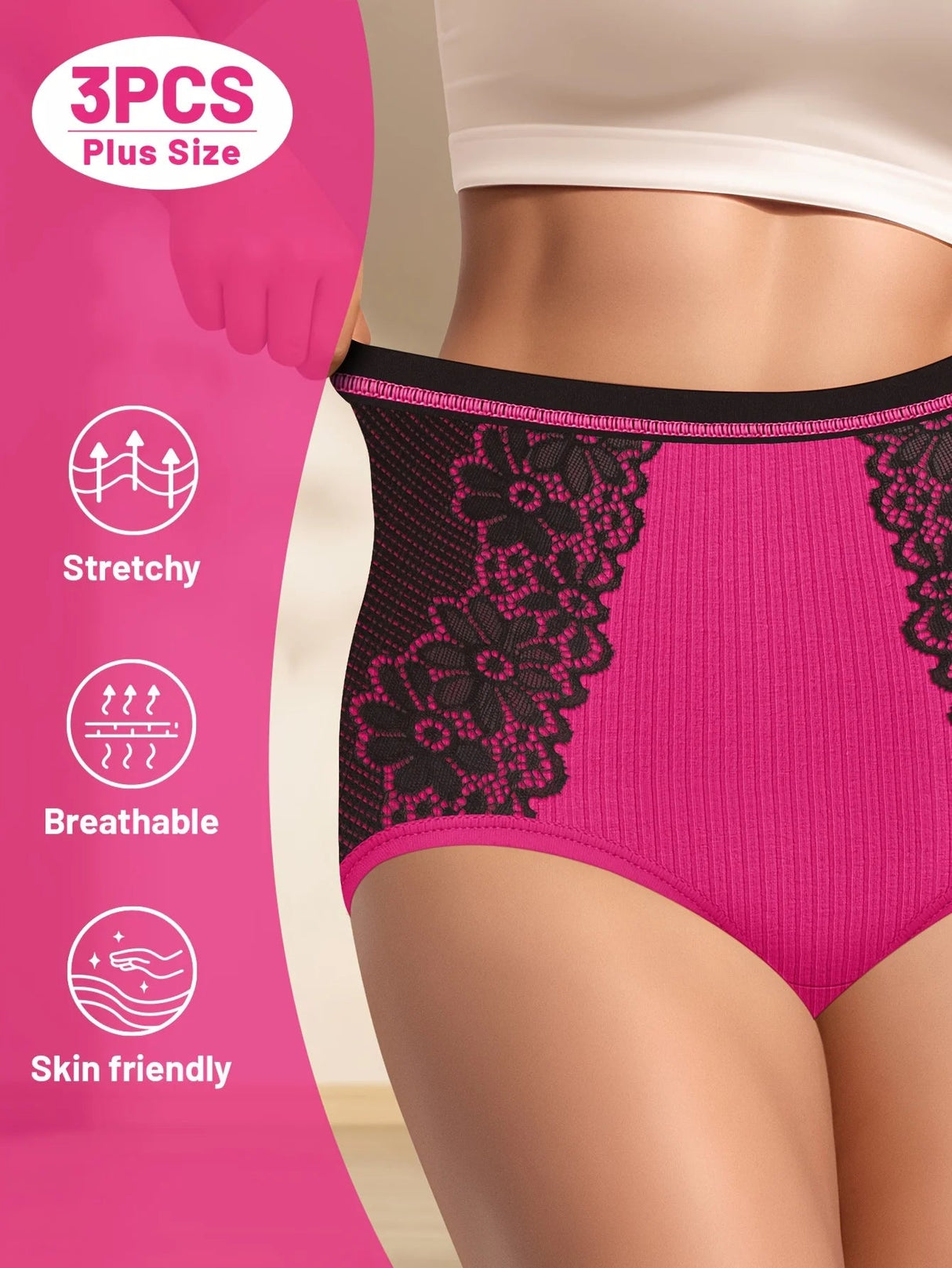 Plus Size Lace Trim ColorBlock HighWaisted Panties 3Pack Provain Shop