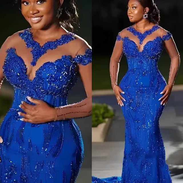 Royal Blue Beaded Illusion Mermaid Prom Wedding Gown Provain Shop