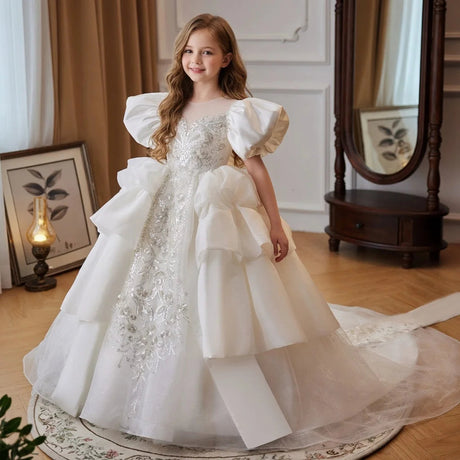 Elegant White Tulle Flower Girl Dress with Bow Back Provain Shop