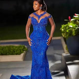 Royal Blue Beaded Illusion Mermaid Prom Wedding Gown Provain Shop