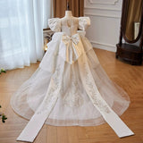 Elegant White Tulle Flower Girl Dress with Bow Back Provain Shop