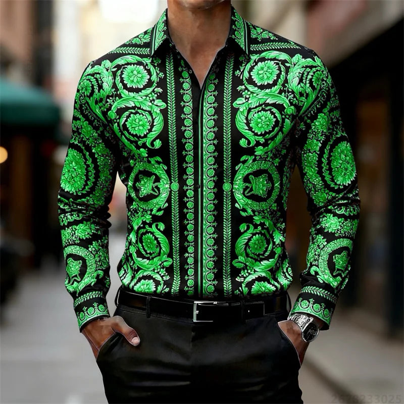 Luxury Baroque Gold Pattern Slim Fit Mens Long Sleeve Shirt Provain Shop
