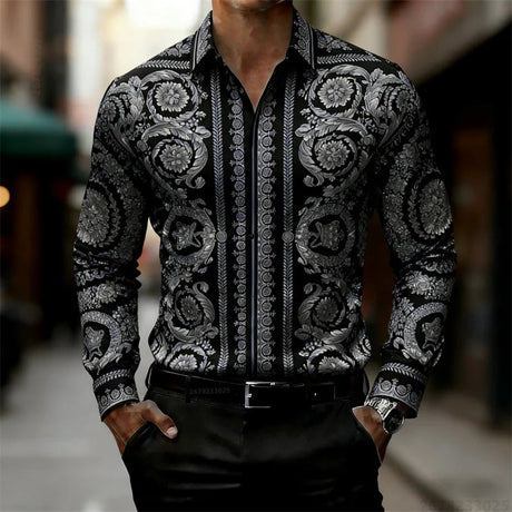 Luxury Baroque Gold Pattern Slim Fit Mens Long Sleeve Shirt Provain Shop