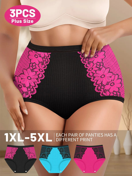 Plus Size Lace Trim ColorBlock HighWaisted Panties 3Pack Provain Shop