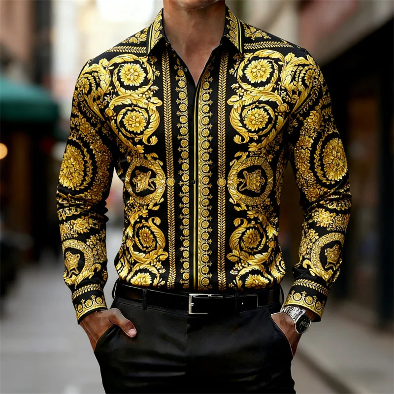 Luxury Baroque Gold Pattern Slim Fit Mens Long Sleeve Shirt Provain Shop