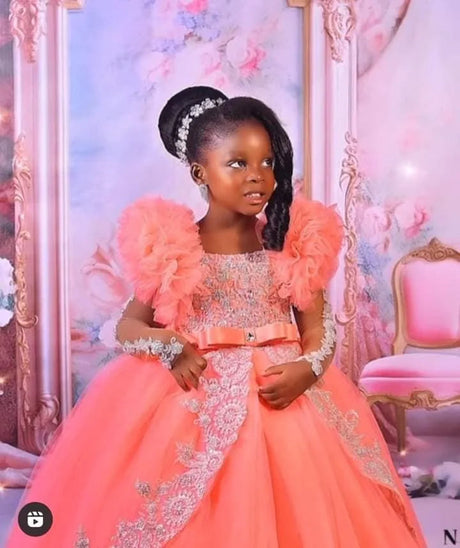 Peach Pink Lace Flower Girl Birthday Party Dress Ball Gown Provain Shop