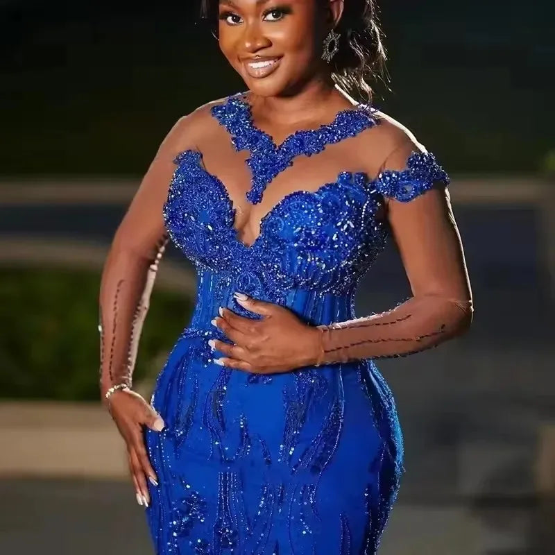 Royal Blue Beaded Illusion Mermaid Prom Wedding Gown Provain Shop