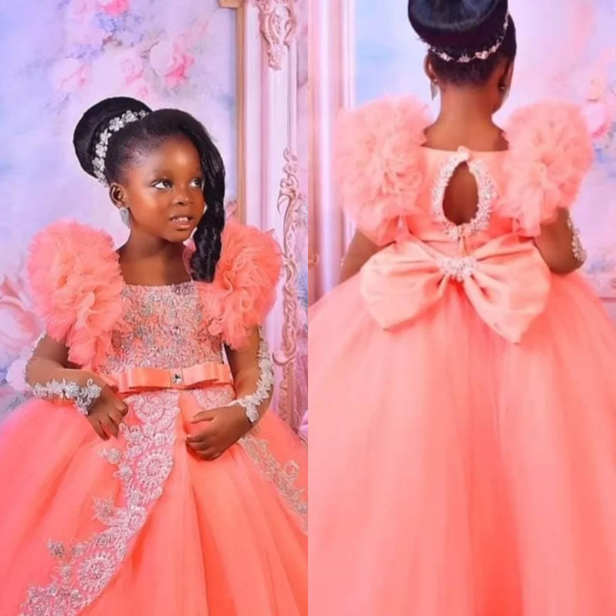 Peach Pink Lace Flower Girl Birthday Party Dress Ball Gown Provain Shop