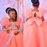 Peach Pink Lace Flower Girl Birthday Party Dress Ball Gown Provain Shop