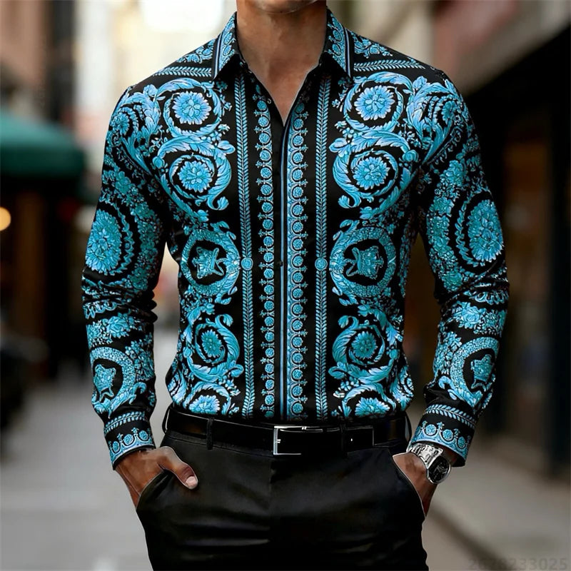 Luxury Baroque Gold Pattern Slim Fit Mens Long Sleeve Shirt Provain Shop