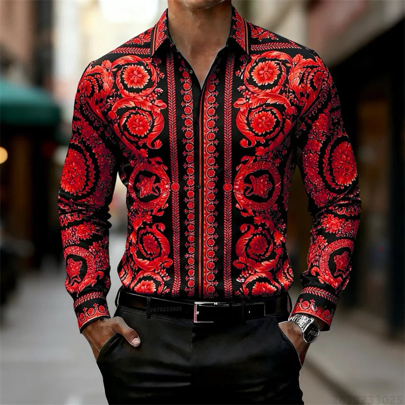 Luxury Baroque Gold Pattern Slim Fit Mens Long Sleeve Shirt Provain Shop