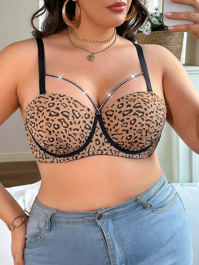 Leopard Plus Size Push Up Bra with Rhinestone Straps Provain Shop