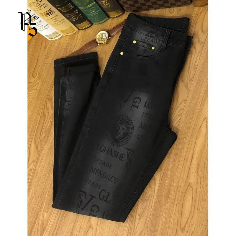 Luxury Black Print Stretch Slim Fit Korean Jeans 2025 Provain Shop