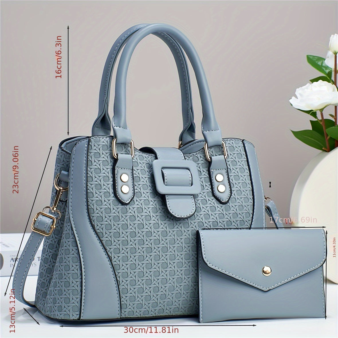 Provain Shop 2pcs Woven Pattern Purse Set, Women Luxury Handbag, Fashion Crossbody Tote Bag With Clutch Bag 