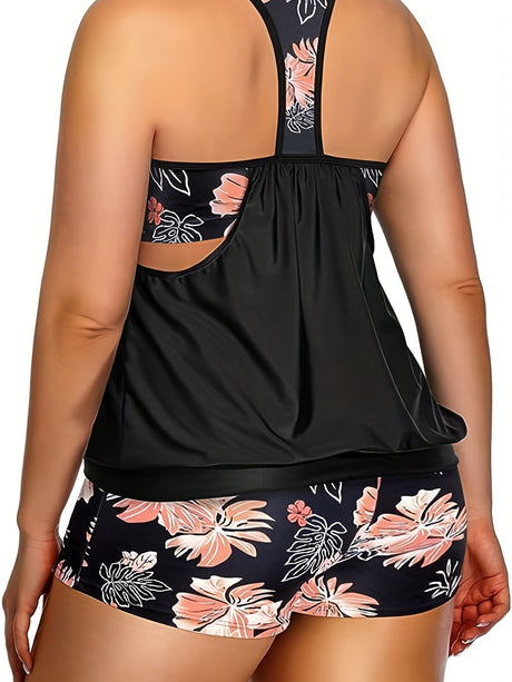 Chic Plus-Size Colorblock Floral Tankini - Round Neck & Peek-A-Boo Back - Women's Swim Top & Shorts Set for Vacation Provain Shop
