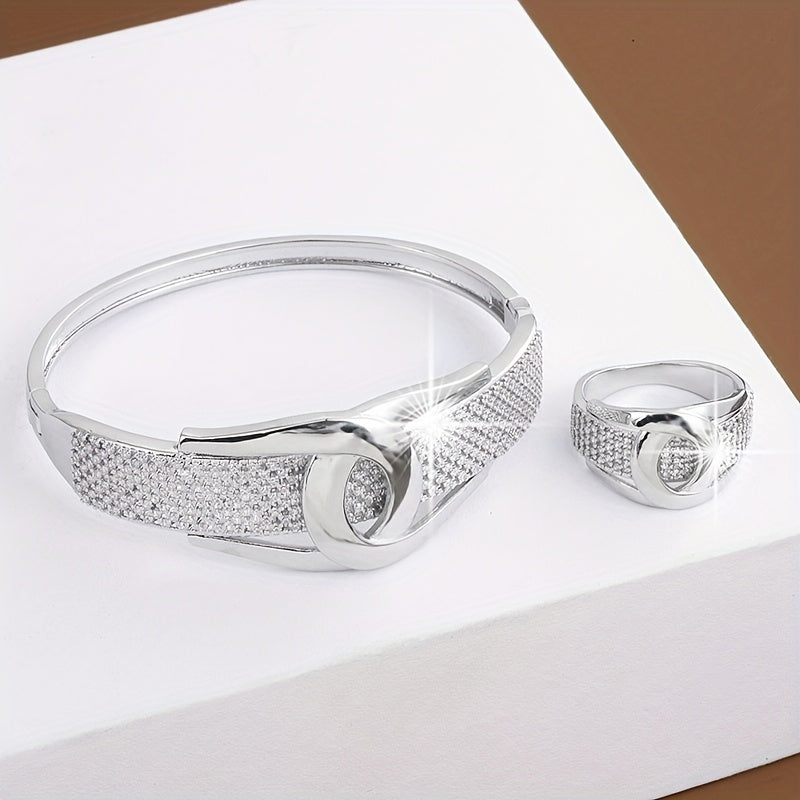 Provain Shop 2pcs Luxury Bangle & Ring Set - Timeless Elegance with X Shape Knot, Sparkling CZ Stones in Silvery or Golden Finish - Perfect Versatile Accessory for Daily Style 