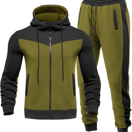Mens Color Block 2 Piece Outfits, Hooded Zip Breathable Casual Jacket And Casual Drawstring Sweatpants Set For Spring Autumn, Men's Clothing Provain Shop