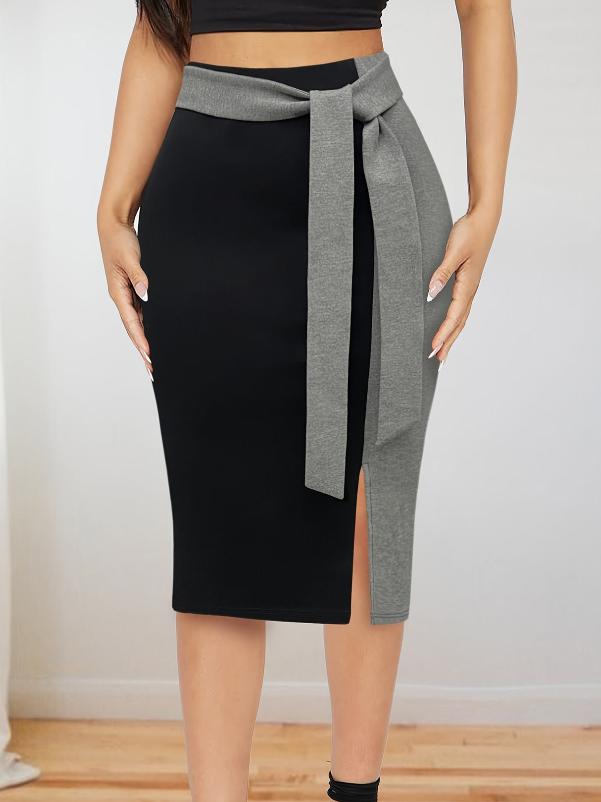 Provain Shop Elegant Fall/Winter Bodycon Skirt - Color Block, Stretch Fit, Easy Care, Chic Style 