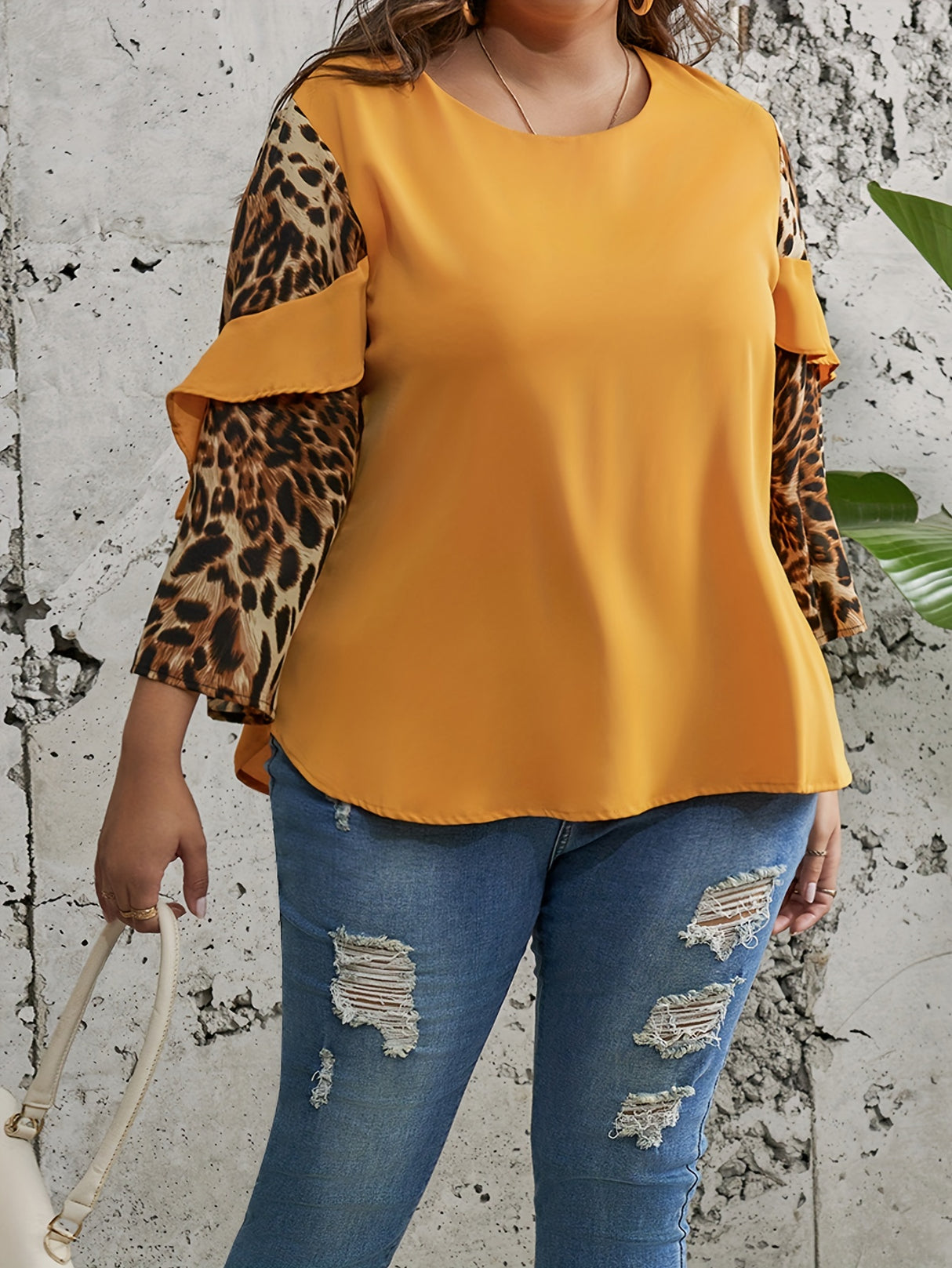 Provain Shop Plus Size Chic Leopard Print Top - Fashionable Colorblock Ruffle Trim - Soft Long Sleeve Round Neck - Slight Stretch for Comfort - Perfect for Elegant Women 