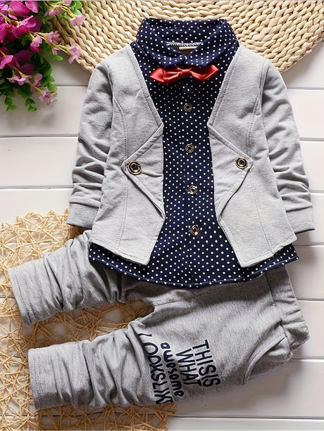 Spring and Autumn Boys' Necktie Dot Print Fake Two Piece Long sleeved Shirts for Children's Leisure Two Piece Set Provain Shop