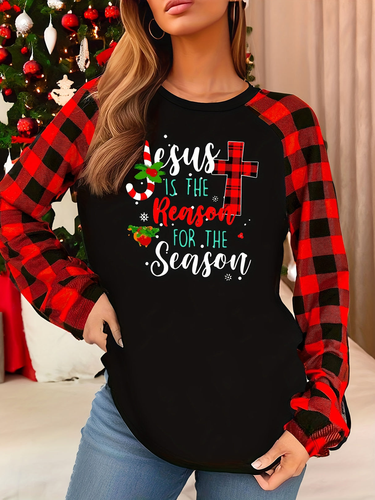 Womens Cozy Red  Black Plaid Christmas Lounge Top Provain Shop