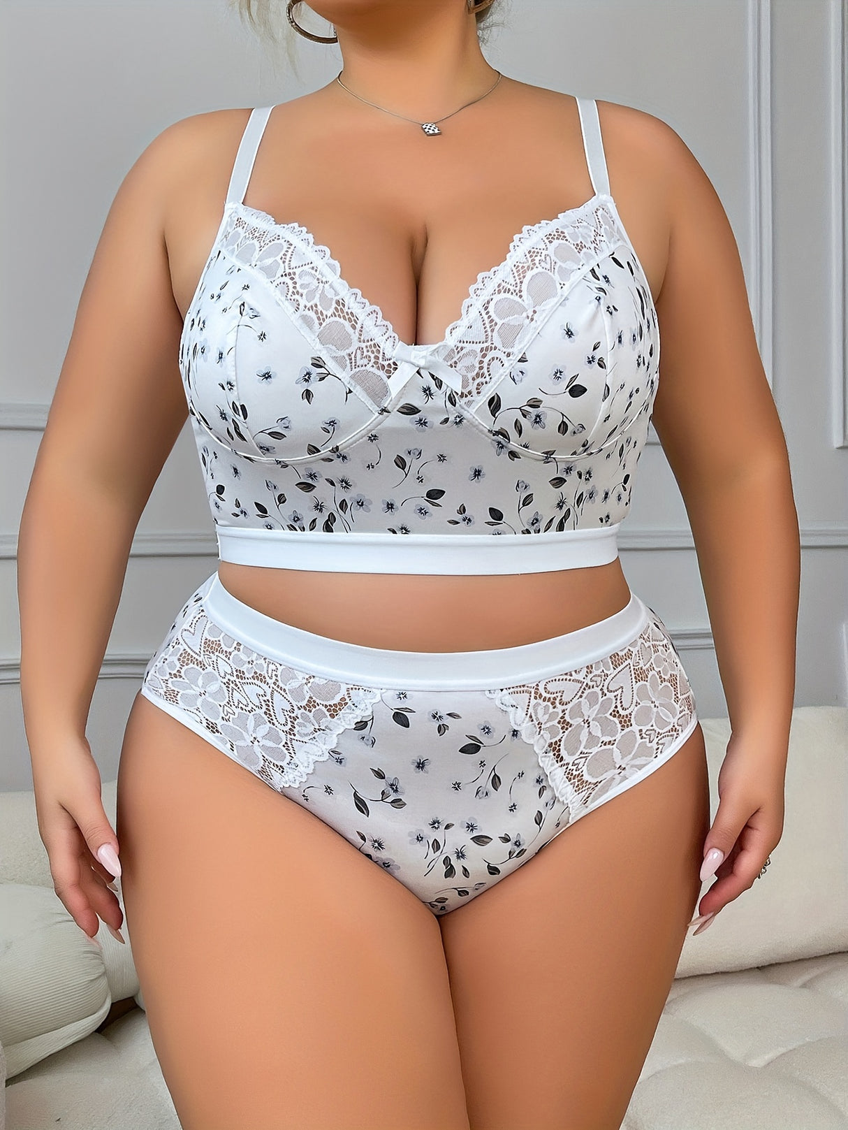 Floral Print Plus Size Lingerie Set with Lace Trim Provain Shop