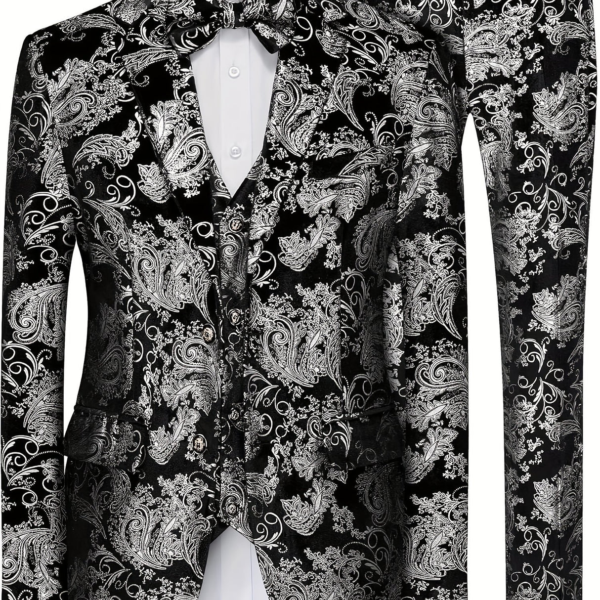 1 Vest 1 Shirt 1 Pants - Slim Fit Floral 3 Piece Suit Set for Men - Polyester Non-Stretch Lapel Suit with Hot Stamping, Flocking, and Bow Tie for Prom Party Provain Shop