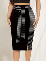 Provain Shop Elegant Fall/Winter Bodycon Skirt - Color Block, Stretch Fit, Easy Care, Chic Style 