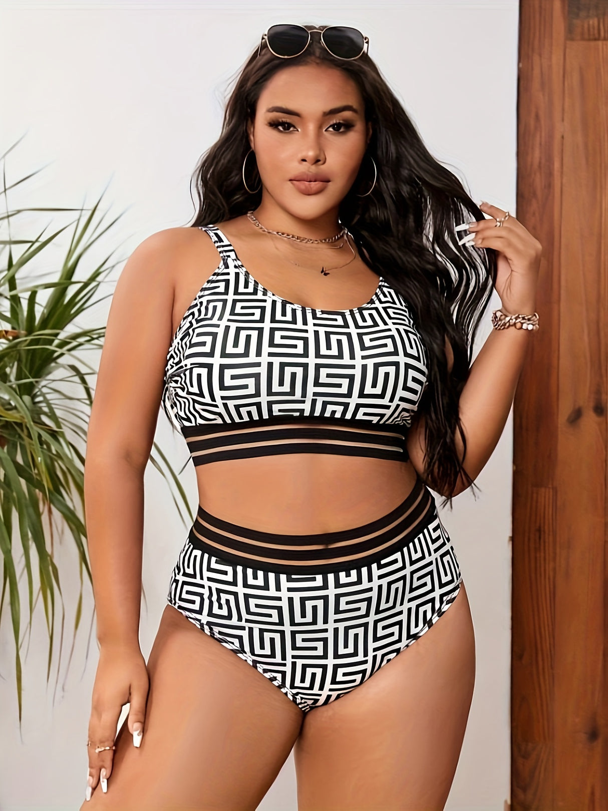 Provain Shop Plus Size Classic Bikini Set, Women's Geometric Print Scoop Neck Mesh Contrast Stretchy Bra & Panty Swimsuit 2 Piece Set 