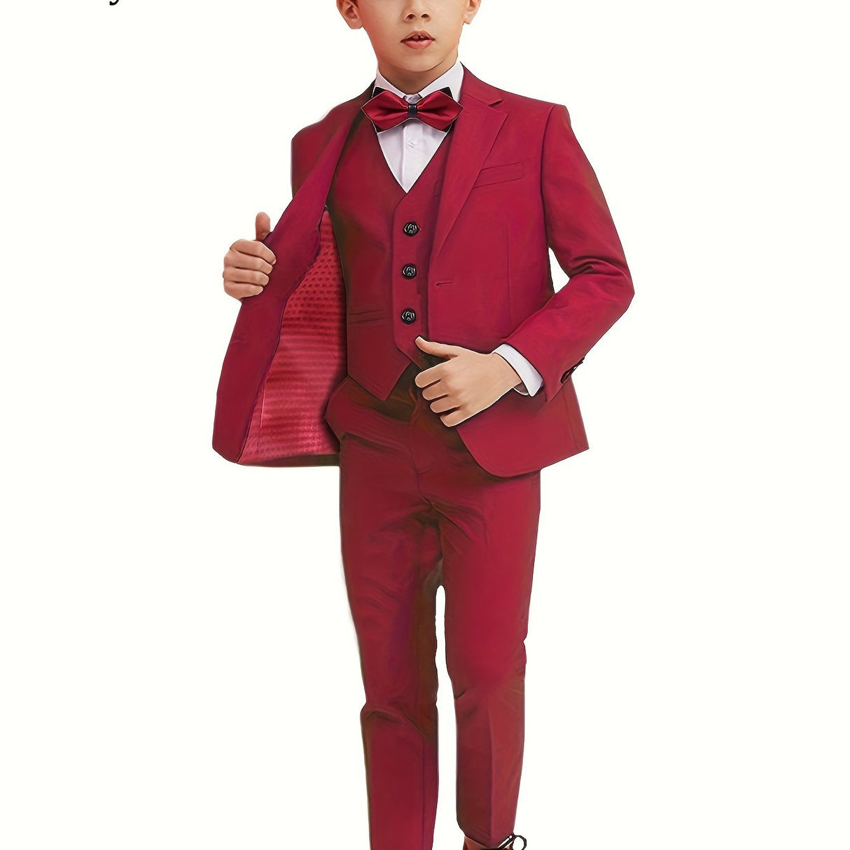 Provain Shop Boys' 4-Piece Formal Suit Set: Durable All-Season Blazer, Vest, Pants & Bowtie - Perfect for Weddings & Performances 