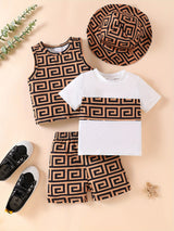 4-Piece Baby Boys' Geo Pattern Outfit Set - Stylish Short Sleeve T-Shirt, Vest, Shorts, and Hat - Comfortable Summer Clothing for Toddlers - Adorable and Trendy Geo Print Design Provain Shop