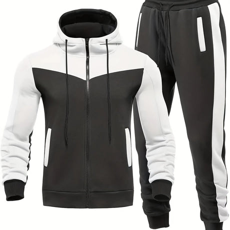 Mens Color Block 2 Piece Outfits, Hooded Zip Breathable Casual Jacket And Casual Drawstring Sweatpants Set For Spring Autumn, Men's Clothing