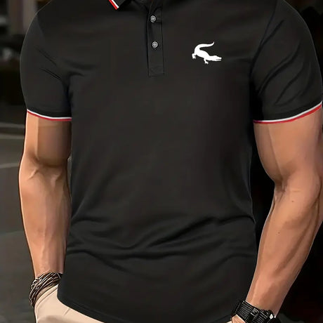 White Gecko Print Men's Casual Contrast Binding Button Up Short Sleeve Lightweight Polo Shirt, Men's Polo For Summer, Tops For Men Provain Shop