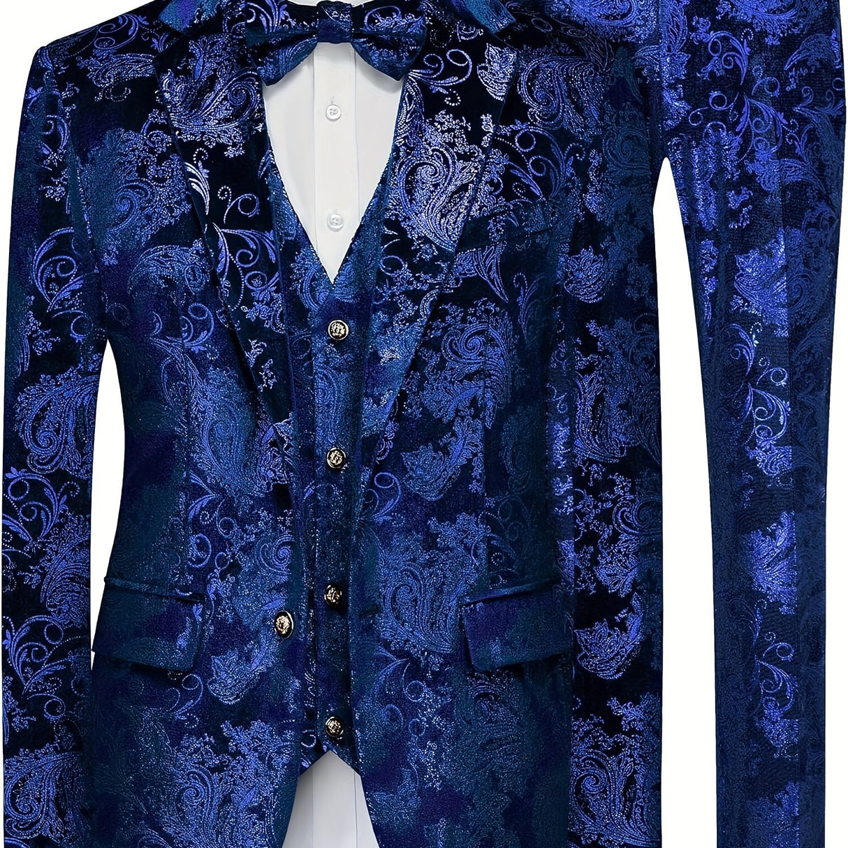 1 Vest 1 Shirt 1 Pants - Slim Fit Floral 3 Piece Suit Set for Men - Polyester Non-Stretch Lapel Suit with Hot Stamping, Flocking, and Bow Tie for Prom Party Provain Shop