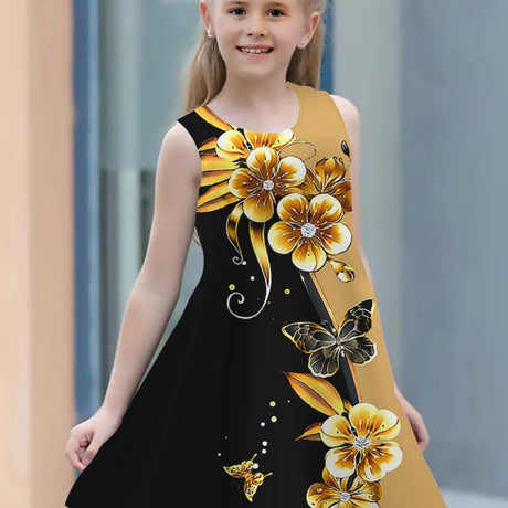 Trendy Flower & Butterfly Print Sleeveless Dress For Girls Summer Outdoor Gift provain