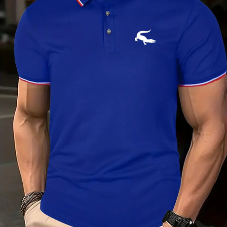 White Gecko Print Men's Casual Contrast Binding Button Up Short Sleeve Lightweight Polo Shirt, Men's Polo For Summer, Tops For Men Provain Shop