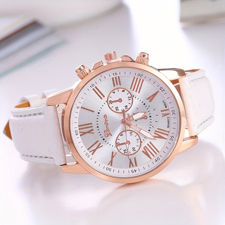 Provain Shop Solid Color Roman Numeral Watch Elegant Round Quartz Wrist Watch Women PU Leather Casual Watches 