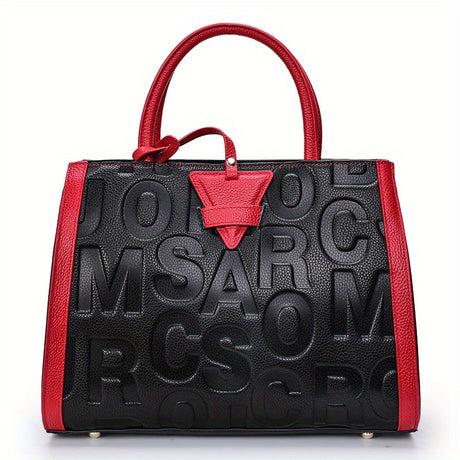 Luxury Genuine Leather Tote Bag, Women's Letter Embossed Handbag, Large Capacity Satchel Purse provain