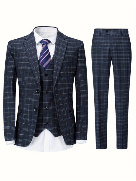 Provain Shop Formal 3 Pieces Set, Men's Two Button Retro Plaid Suit Jacket & Single Breasted Vest & Pants Suit Set For Business Dinner Wedding Party 