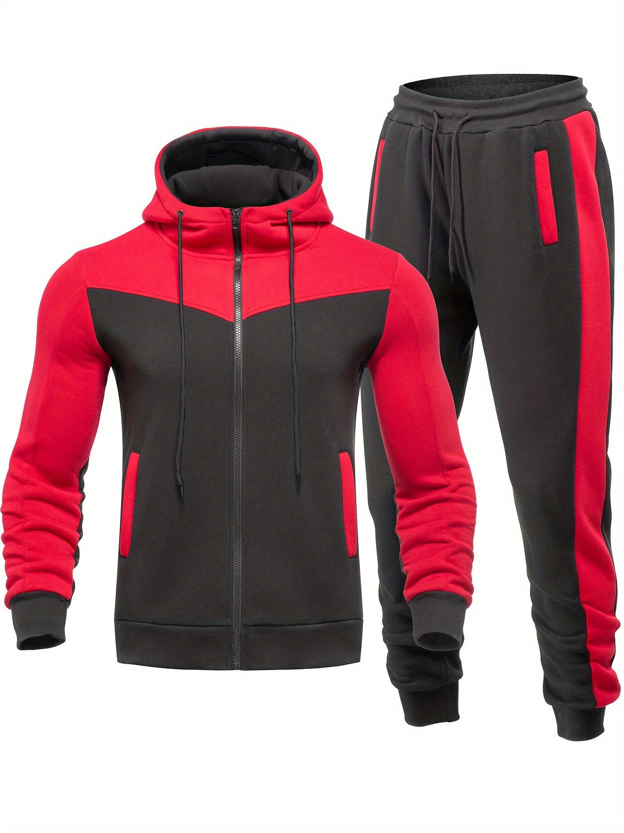 Mens Color Block 2 Piece Outfits, Hooded Zip Breathable Casual Jacket And Casual Drawstring Sweatpants Set For Spring Autumn, Men's Clothing Provain Shop