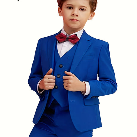 Provain Shop All-Season Chic Boys' 5-Piece Suit Set: Elegant Long Sleeve Outfit with Durable Woven Fabric & Bowtie - Perfect Formal Wear 