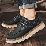 Provain Shop Men's Retro Style Split Leather Low Top Casual Shoes, Wear-resistant Non Slip Lace-up Shoes For Outdoor 