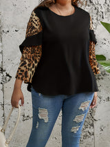 Provain Shop Plus Size Chic Leopard Print Top - Fashionable Colorblock Ruffle Trim - Soft Long Sleeve Round Neck - Slight Stretch for Comfort - Perfect for Elegant Women 