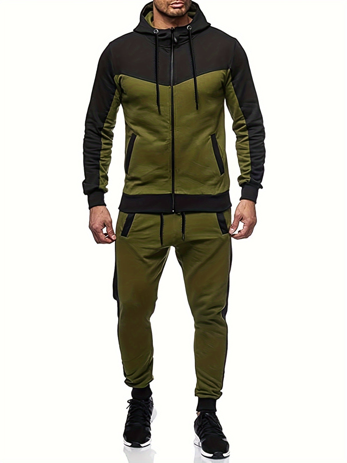 Provain Shop Mens Color Block 2 Piece Outfits, Hooded Zip Breathable Casual Jacket And Casual Drawstring Sweatpants Set For Spring Autumn, Men's Clothing 