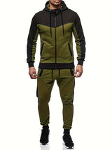 Mens Color Block 2 Piece Outfits, Hooded Zip Breathable Casual Jacket And Casual Drawstring Sweatpants Set For Spring Autumn, Men's Clothing Provain Shop