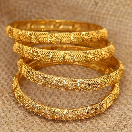 Provain Shop 4 Pieces/ Set Hollow Carved Pattern Golden Bangle Luxury Elegant Style Wedding Accessories 