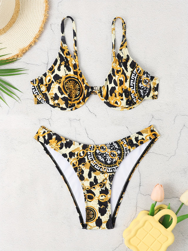 2 Piece Geometric Print Off the Shoulder Bikini Set - Stretchy High Cut V Neck Back Buckle Swimsuit with Cross Strap Detail - High Stretch Polyester Knit Fabric, Hand Wash Only, Customized Random Stripe Pattern Provain Shop