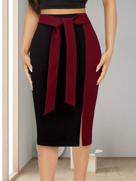 Elegant Fall/Winter Bodycon Skirt - Color Block, Stretch Fit, Easy Care, Chic Style provain